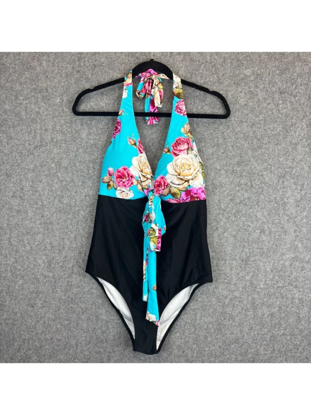 Cupshe Floral Halter Womens XL One-Piece Swimsuit Black & Blue w Rose Print NEW